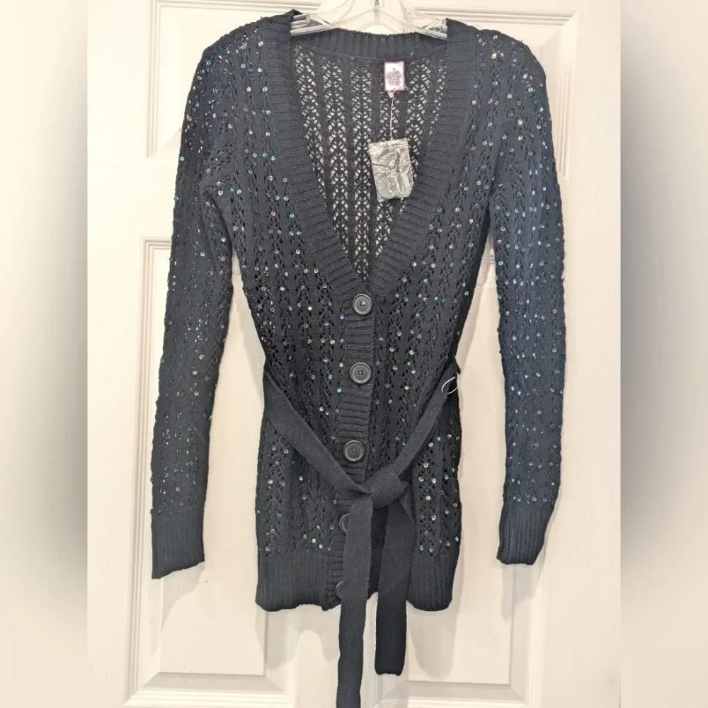 New Black Long Cable Knit Button Belted Cardigan Sweater Sequins Crochet Size M